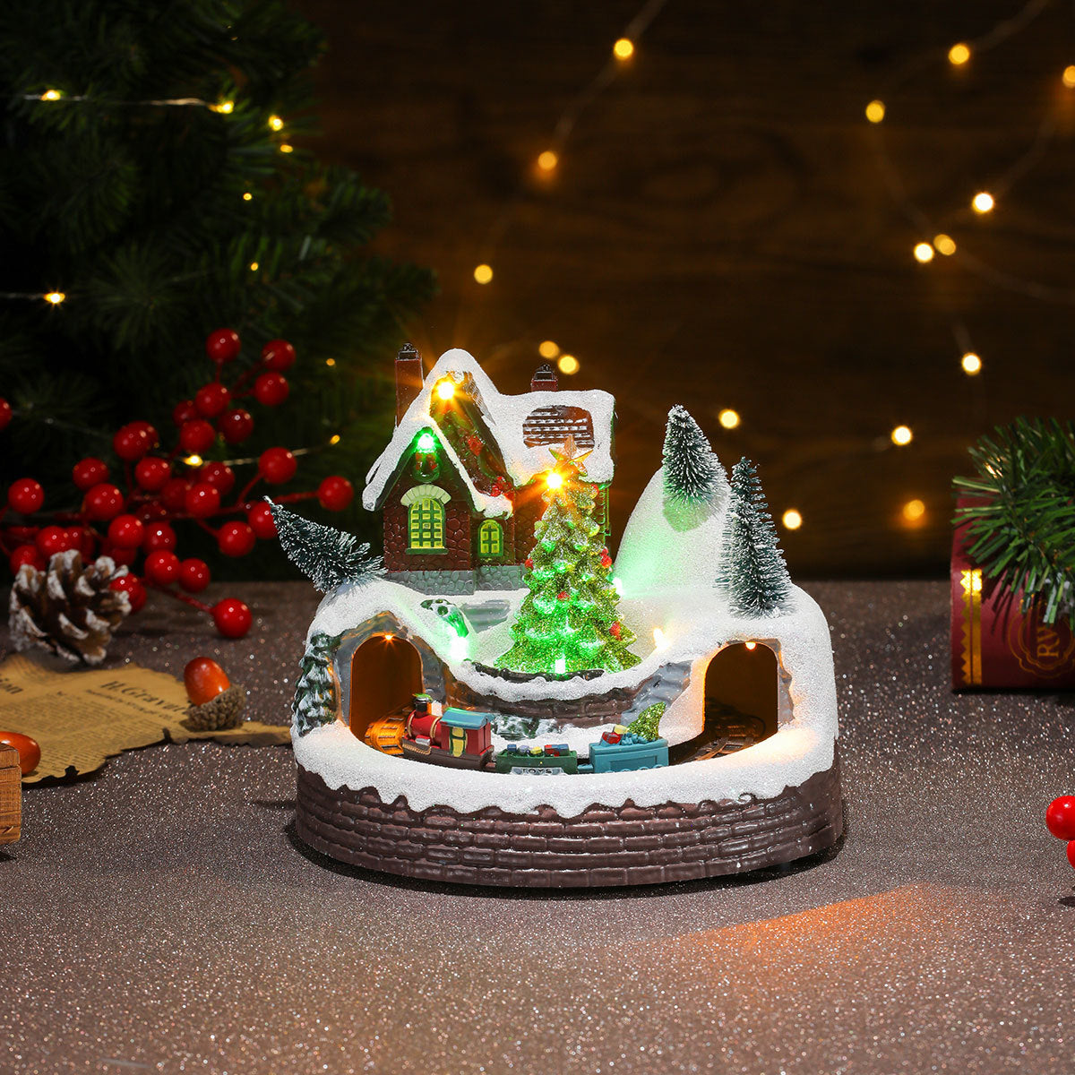 Multiple Christmas Rotating Resin Glowing Music Box Ornaments Rotating Small Train Christmas Gift