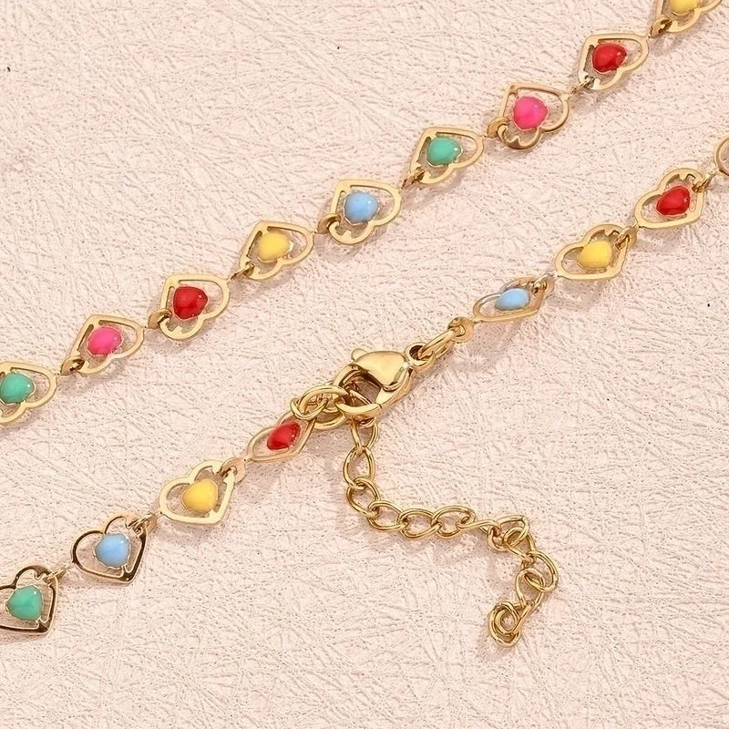 Sweet Minimalist Double Heart Heart Shape 304 Stainless Steel 18K Gold Plated Polishing Enamel Plating Necklace