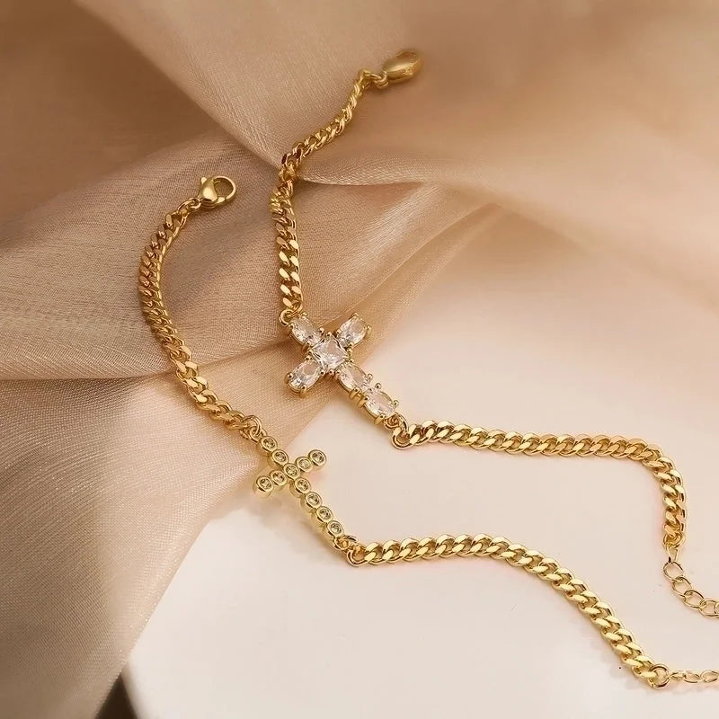 Minimalist Commute Cross Copper 18k Gold Plated Zircon Bracelets In Bulk