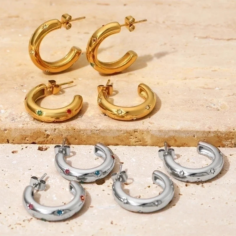 1 Pair Classic Style C Shape Plating Inlay 304 Stainless Steel Artificial Gemstones 16K Gold Plated White Gold Plated Gold Plated Earrings