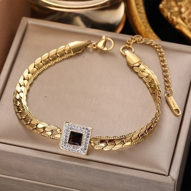 Fashion Square 304 Stainless Steel 18K Gold Plated Artificial Rhinestones Stainless Steel Bracelets In Bulk