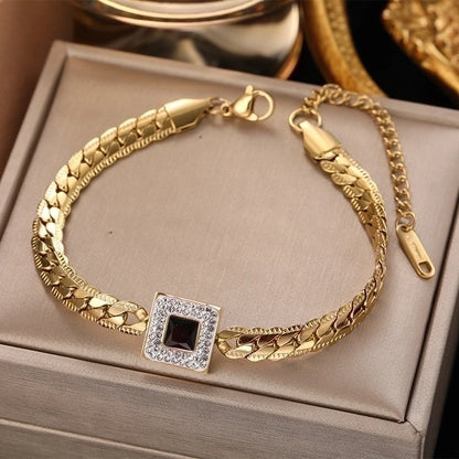 Fashion Square 304 Stainless Steel 18K Gold Plated Artificial Rhinestones Stainless Steel Bracelets In Bulk