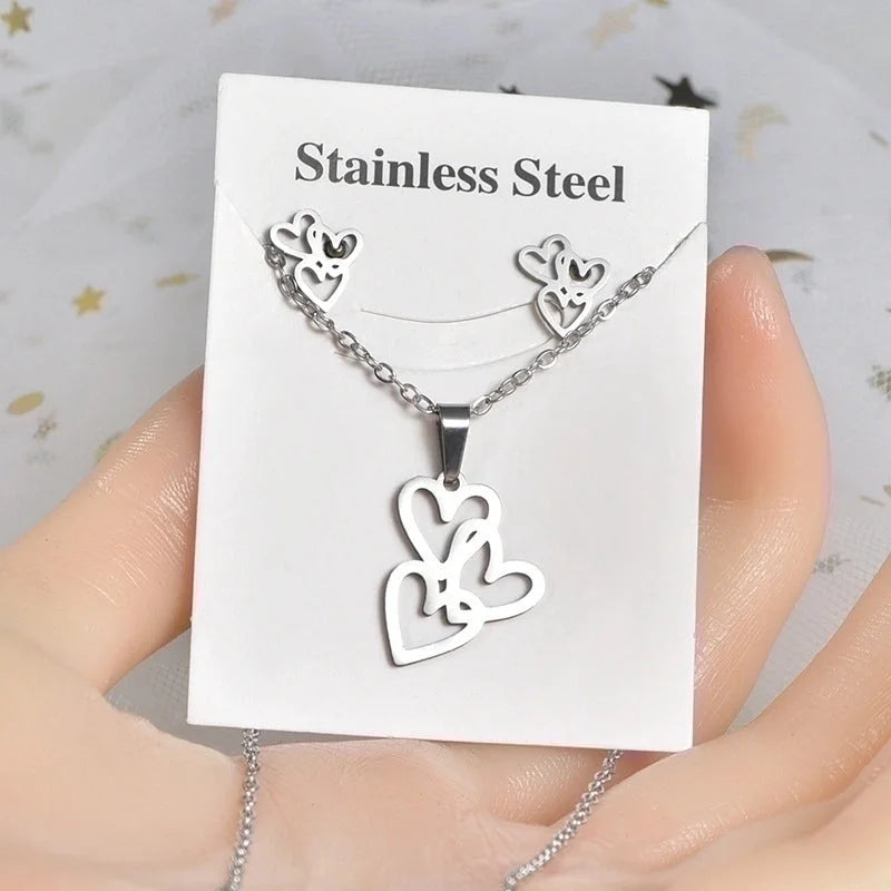 Fashion Letter Heart Shape Solid Color Titanium Steel Hollow Out Earrings Necklace 1 Set