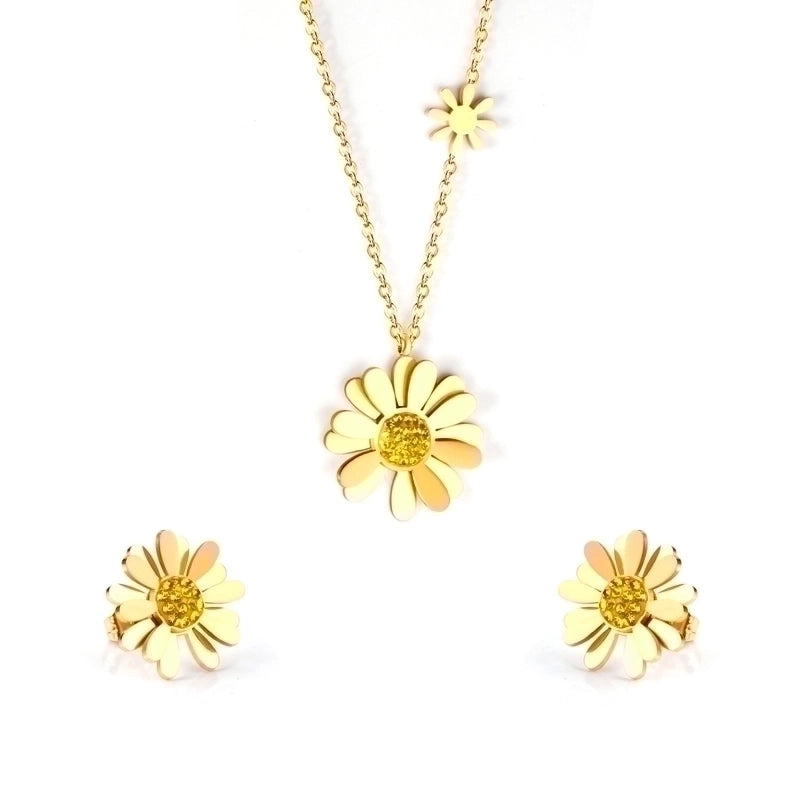 Minimalist Flower Stainless Steel Inlay Zircon Earrings Necklace 1 Set
