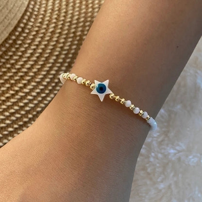 Vintage Style Devil's Eye Star Heart Shape Stainless Steel Artificial Crystal Shell Beaded Handmade Bracelets