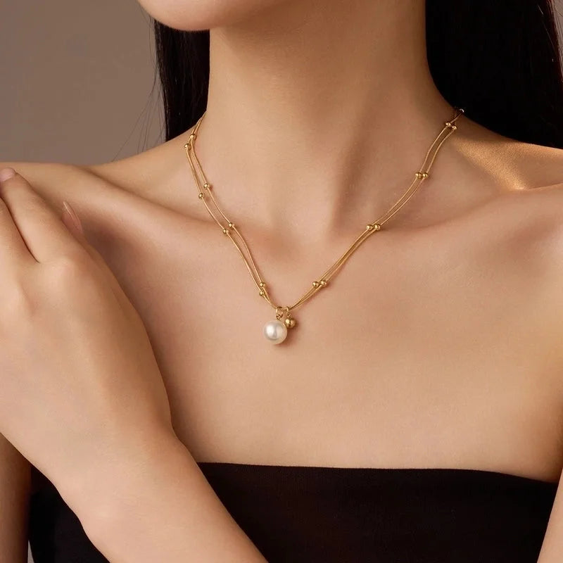 Minimalist Geometric 304 Stainless Steel Pearl 18K Gold Plated Polishing Plating Inlay Double Layer Necklaces