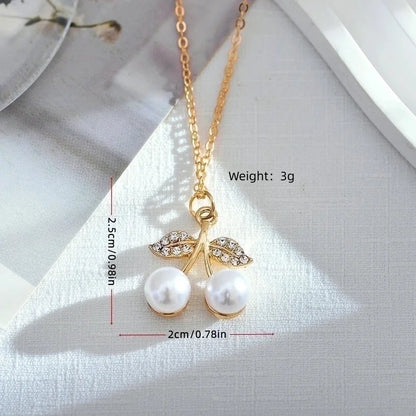 Korean Style Cherry Titanium Steel Artificial Pearls Zircon Gold Plated Plating Inlay Pendant Necklace