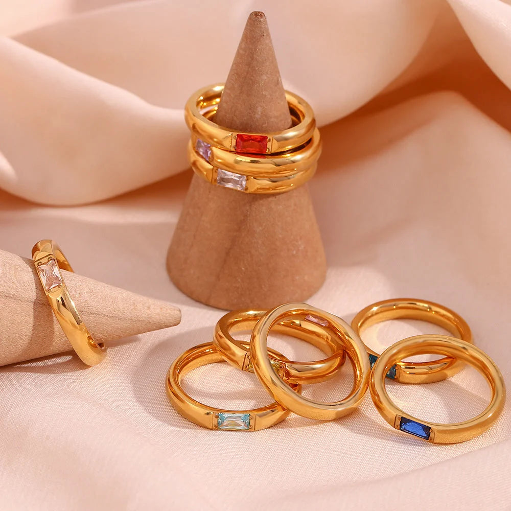Minimalist Fashion Quadrilateral Round Geometric Stainless Steel 18K Gold Plated Rings