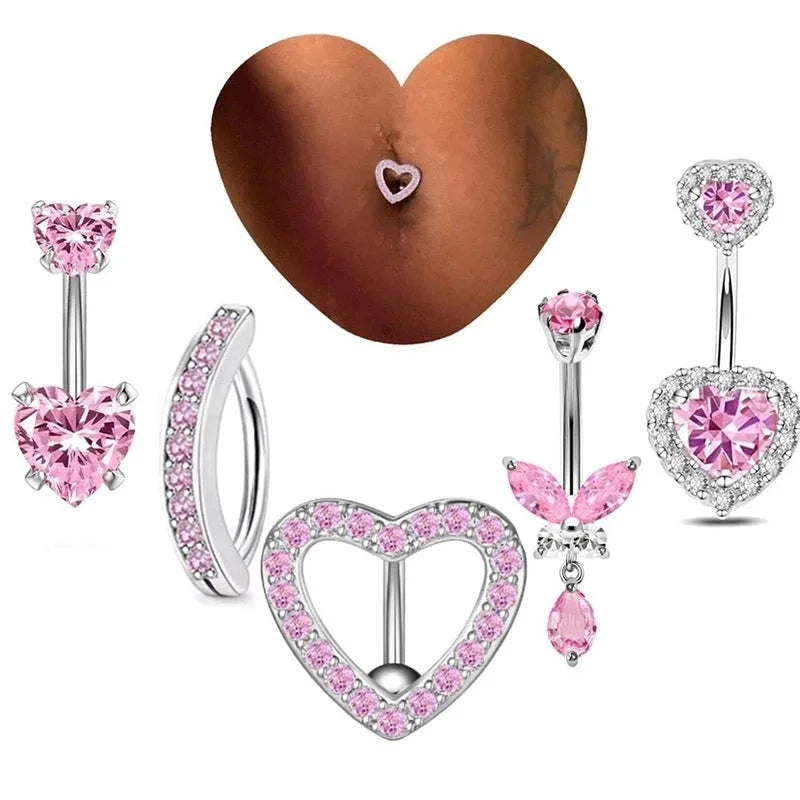 1 Piece 1 Set Belly Rings Hip-Hop Shiny Heart Shape 316L Stainless Steel Copper Inlay Zircon Belly Rings