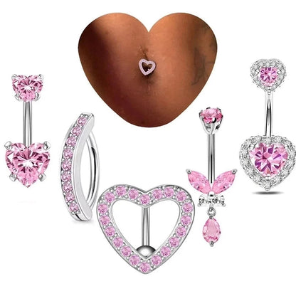 1 Piece 1 Set Belly Rings Hip-Hop Shiny Heart Shape 316L Stainless Steel Copper Inlay Zircon Belly Rings