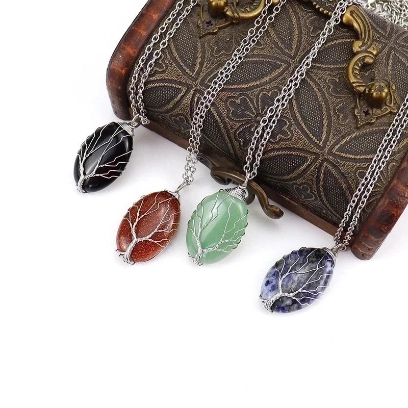 Minimalist Leaf Alloy Natural Stone Knitting Pendant Necklace