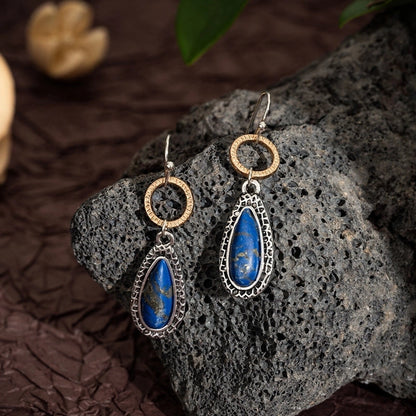 Hot Artistic Retro Geometric Lapis Lazor Ear Drop Bohemian Natural Stone Antique Women\'s Earrings