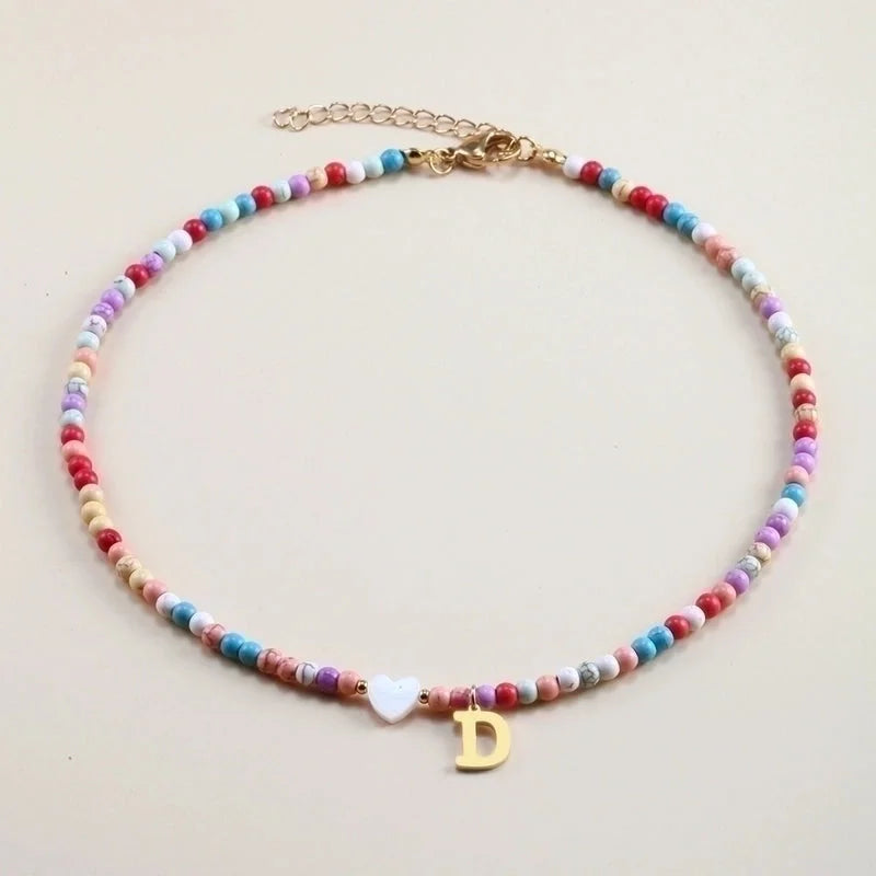 Vacation Letter Heart Shape Stainless Steel Mixed Materials Beaded Handmade Necklace