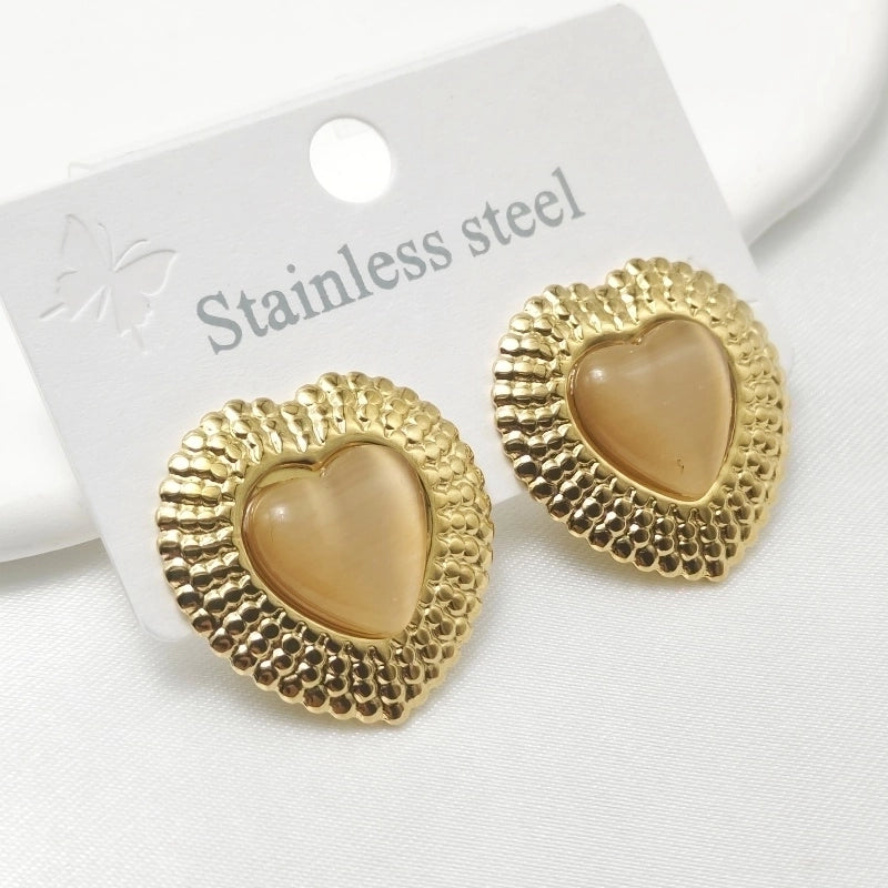 1 Pair Elegant Retro Commute Heart Shape Inlay 304 Stainless Steel Artificial Gemstones Ear Studs