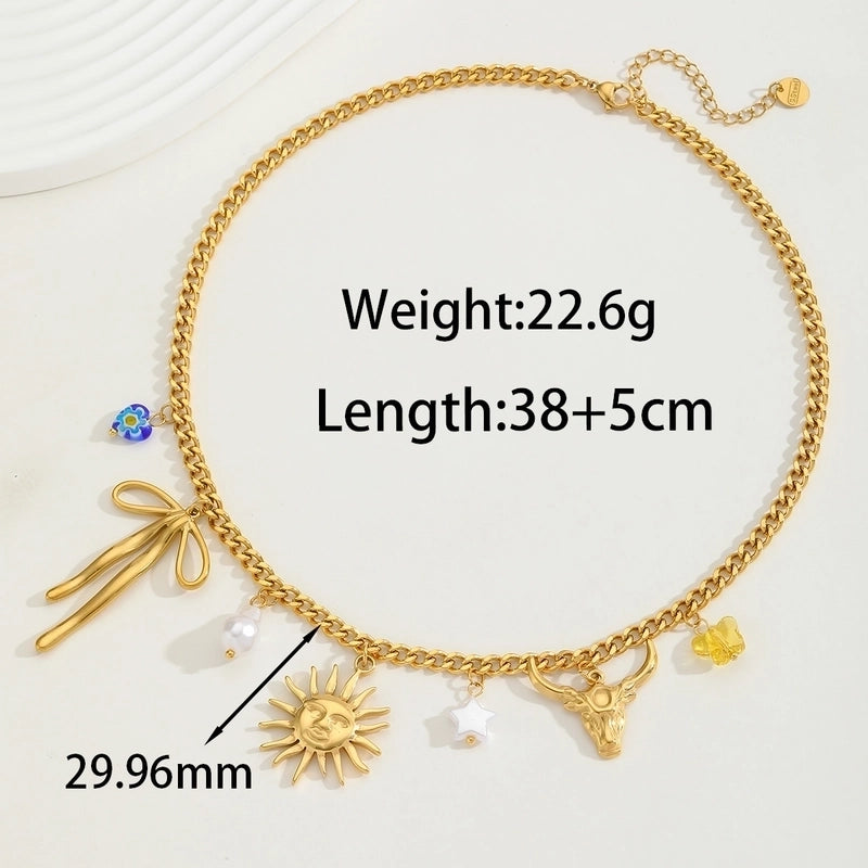 Elegant Vacation Sun 304 Stainless Steel Imitation Pearl 18K Gold Plated Inlay Multi Charms Necklace