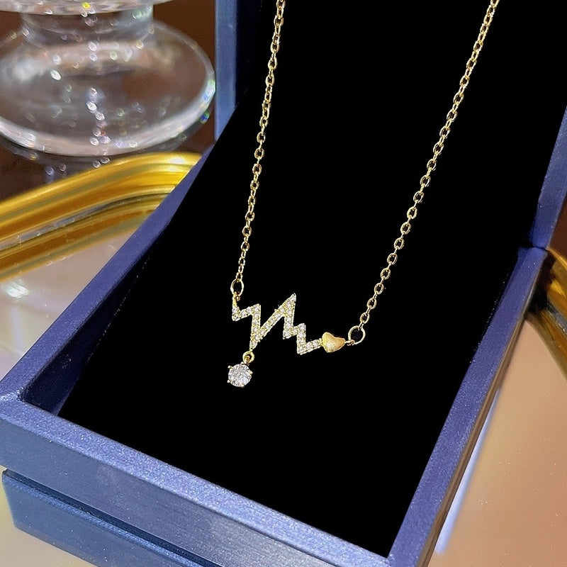 Elegant Classic Style Geometric Moon Bow Knot Titanium Steel Zircon Pendant Necklace