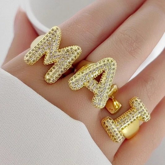 Copper Inlay Letter Zircon Open Rings