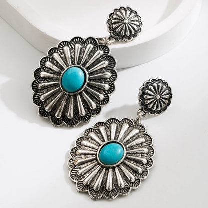 1 Pair Ethnic Style Classic Style Water Droplets Flower Inlay Alloy Turquoise Gold Plated Drop Earrings