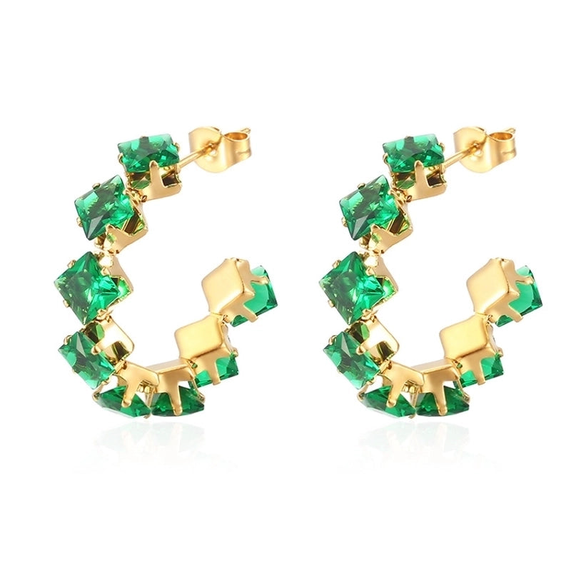 1 Pair IG Style Baroque Style Shiny C Shape Rhombus Inlay 316 Stainless Steel Zircon 18K Gold Plated Ear Studs