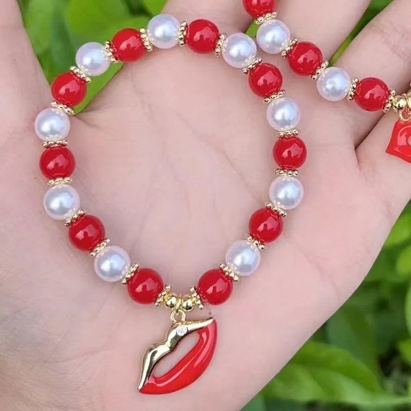 Casual Vacation Minimalist Lips Heart Shape Copper 18K Gold Plated Beaded Enamel Plating Bracelets