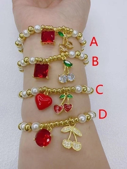 Casual Vacation Minimalist Cherry Heart Shape Copper Zircon 18K Gold Plated Enamel Bracelets