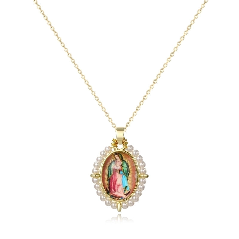 Copper 18K Gold Plated Inlay Human Virgin Mary Acrylic Imitation Pearl Pendant Necklace