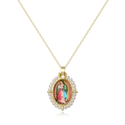 Copper 18K Gold Plated Inlay Human Virgin Mary Acrylic Imitation Pearl Pendant Necklace