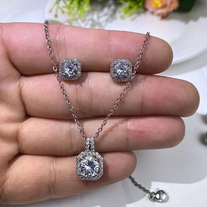 Korean Style Geometric Copper Zircon Pendant Necklace Ear Studs 1 Set