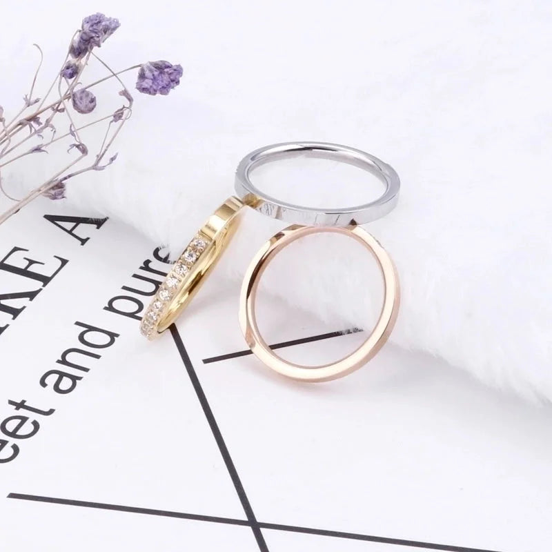 Minimalist Solid Color Titanium Steel Rhinestones 18K Gold Plated Inlay Rings