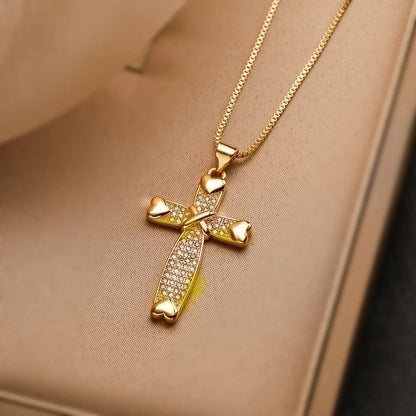 Minimalist Commute Cross Copper 18k Gold Plated Zircon Pendant Necklace In Bulk