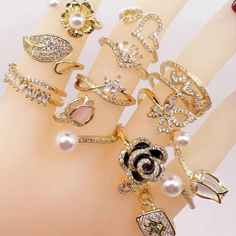 Lady Heart Shape Crown Flower Copper Zircon Inlay Open Rings