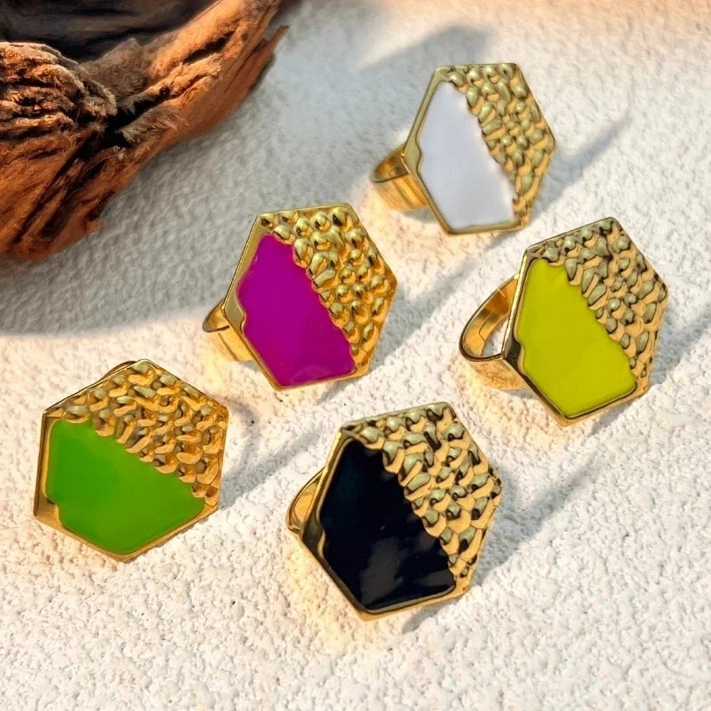 Casual Retro Hexagon 304 Stainless Steel 18K Gold Plated Enamel Open Rings