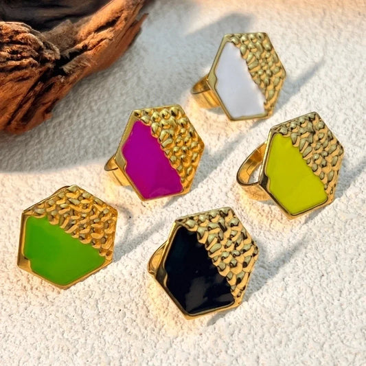 Casual Retro Hexagon 304 Stainless Steel 18K Gold Plated Enamel Open Rings