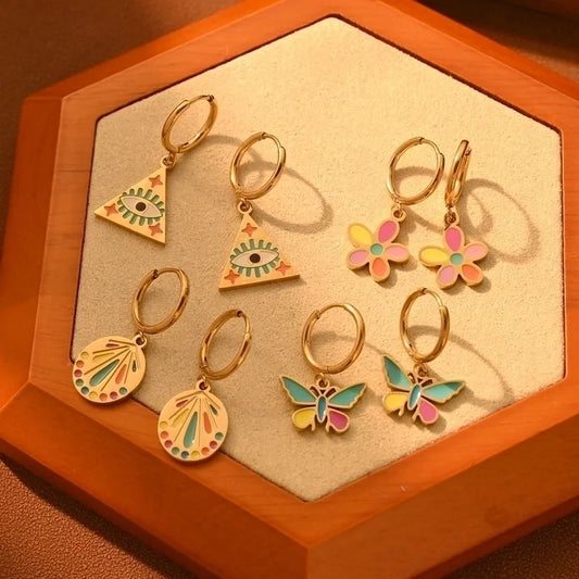 1 Pair IG Style Sweet Devil\'s Eye Flower Butterfly Enamel 304 Stainless Steel 18K Gold Plated Drop Earrings