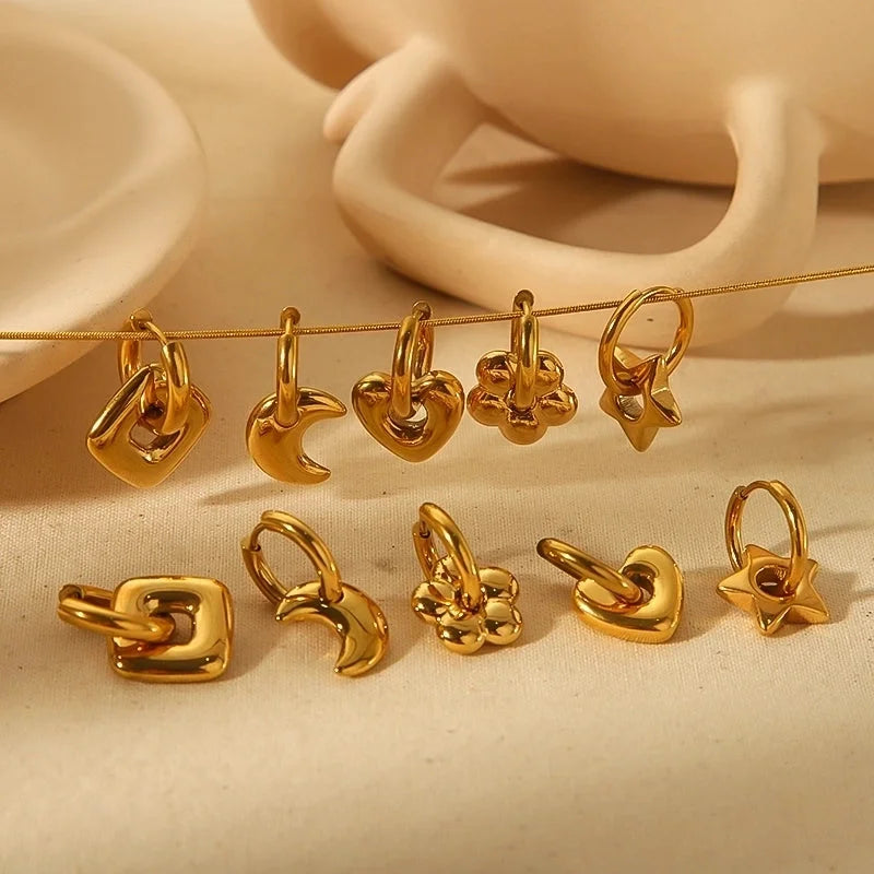 1 Pair Retro French Style Star Moon Flower Polishing 304 Stainless Steel 18K Gold Plated Drop Earrings