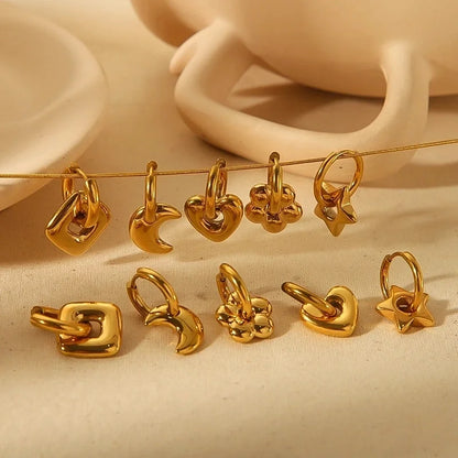 1 Pair Retro French Style Star Moon Flower Polishing 304 Stainless Steel 18K Gold Plated Drop Earrings