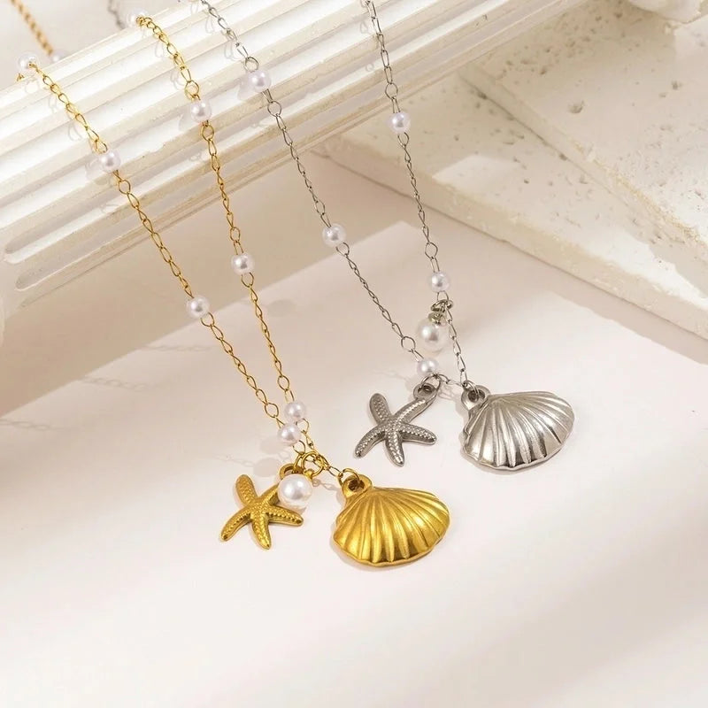 Vacation Marine Style Beach Starfish Shell 304 Stainless Steel Artificial Pearls 18K Gold Plated Polishing Plating Stainless Steel Jewelry Sets