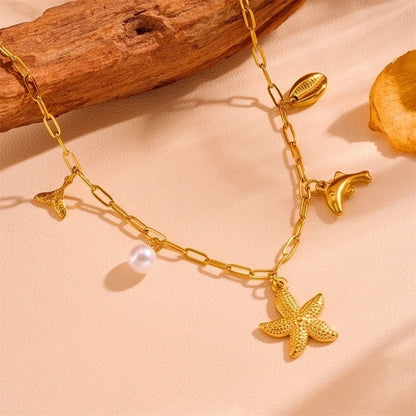 Cute Sweet Star Bow Knot Shell Titanium Steel Pearl 18K Gold Plated Hollow Out Inlay Pendant Necklace