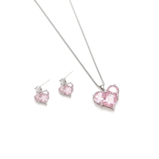 Sweet Heart Shape Titanium Steel Inlay Zircon Women's Earrings Necklace Jewelry Set