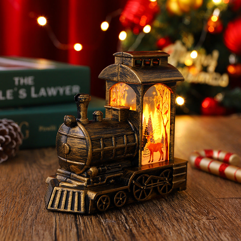 2 Pieces Christmas Decoration Glowing Santa Claus Driving Train Night Light Wind Lantern Christmas Gift Ornament