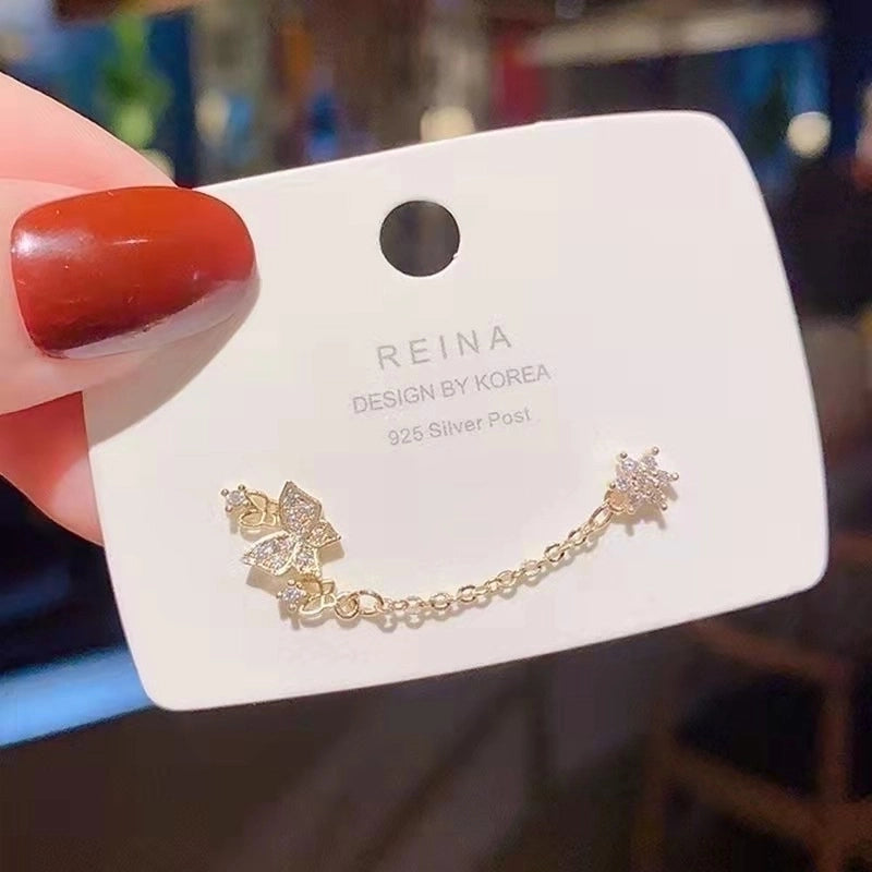 2 Pieces Retro Flower Copper Inlay Zircon Drop Earrings Ear Studs 1 Pair