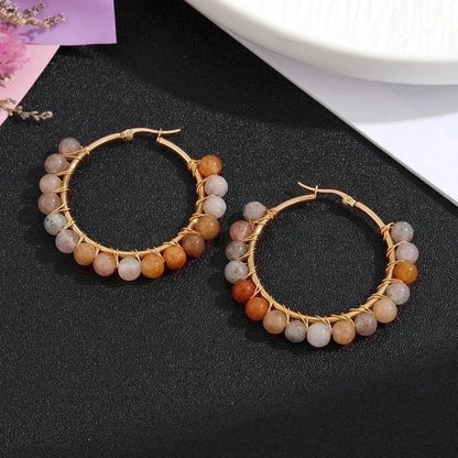 2 Pieces Retro Geometric Handmade Stainless Steel Natural Stone Earrings