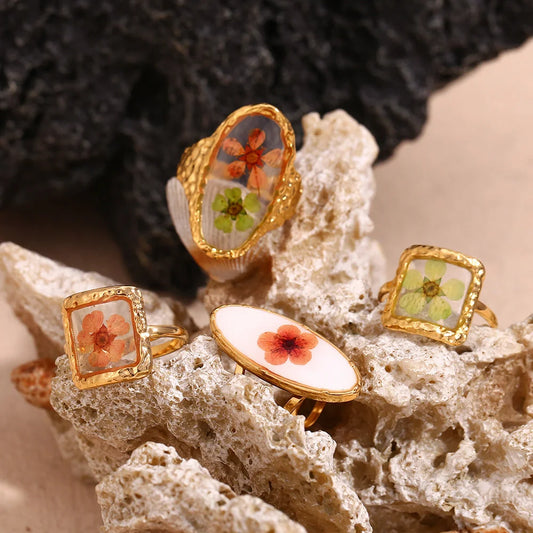 Vintage Fashion Retro Ellipse Quadrilateral Geometric Stainless Steel 18K Gold Plated Rings