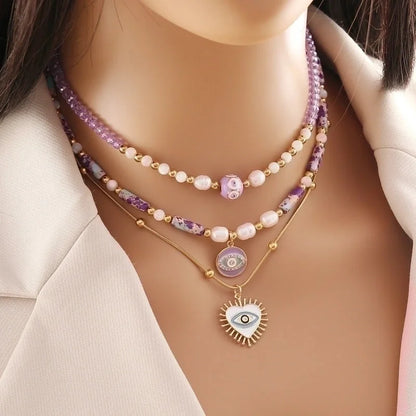 Bohemian Heart Shape Eye Stainless Steel Natural Stone Beaded Plating 18K Gold Plated Necklace