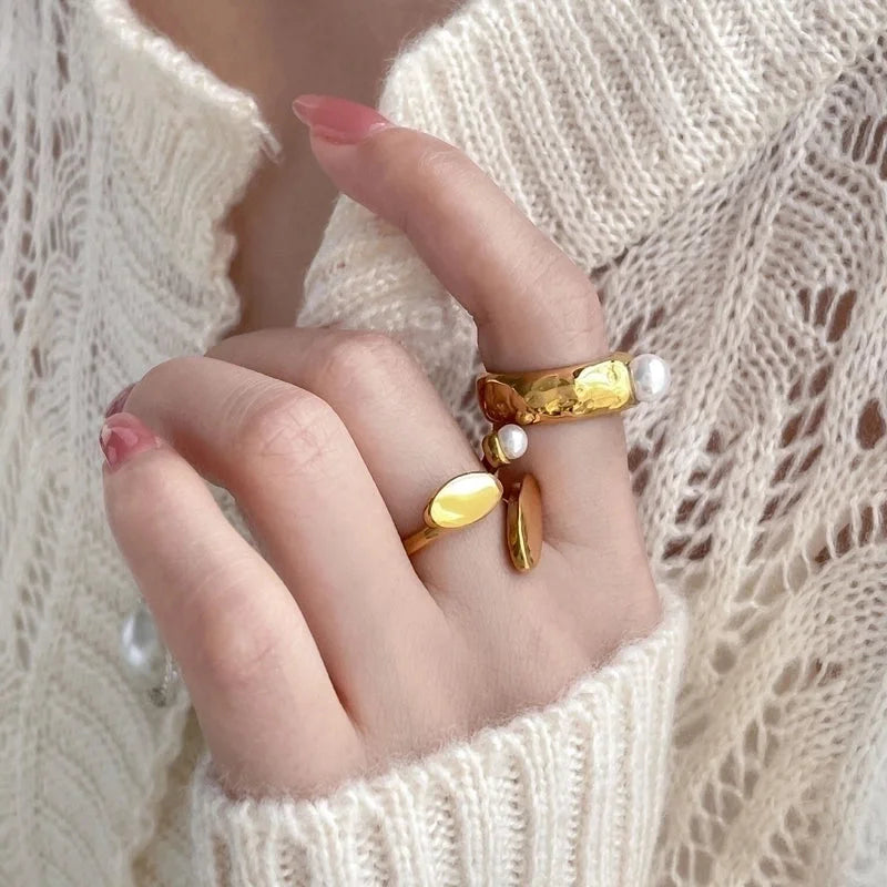 Retro French Style Geometric Titanium Steel Pearl Inlay Rings