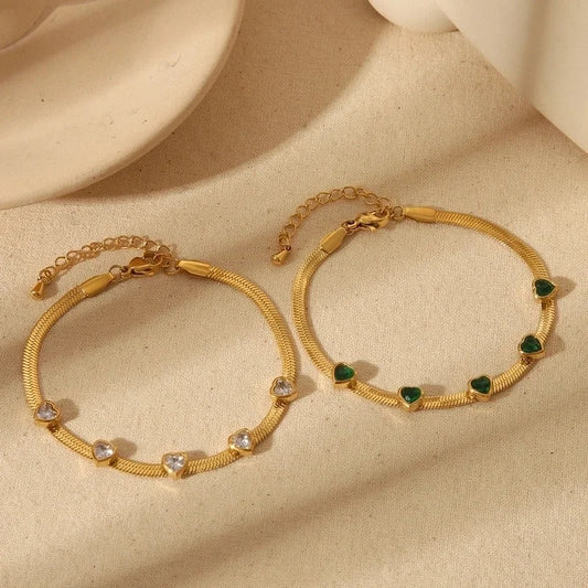 Basic Minimalist Red Heart 304 Stainless Steel 18K Gold Plated Zircon Snake Chain Bracelets In Bulk