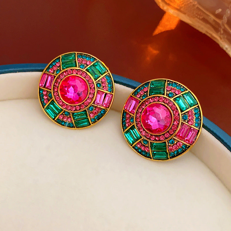 Medieval Quadrilateral Round Geometric Alloy Diamond Inlay Earrings