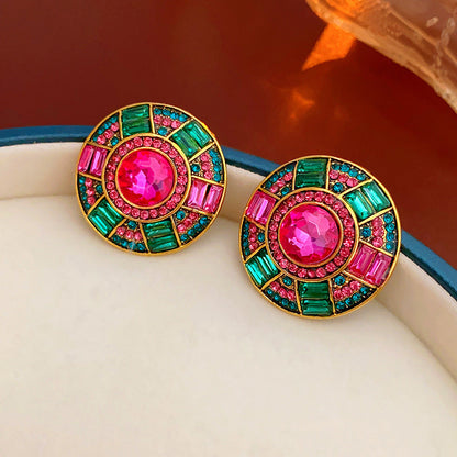 Medieval Quadrilateral Round Geometric Alloy Diamond Inlay Earrings