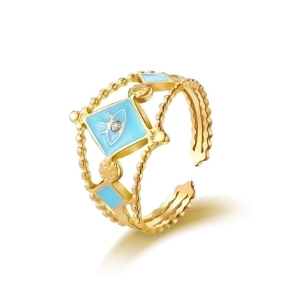 Fashion Round Square 304 Stainless Steel Artificial Gemstones 14K Gold Plated Plating Inlay Open Ring