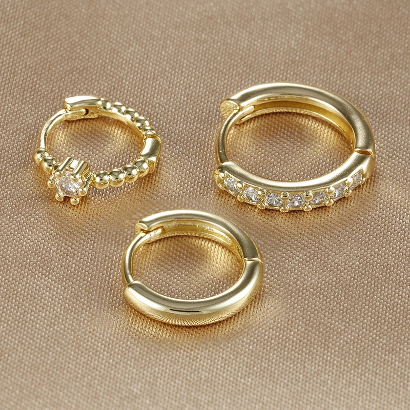 3 Pieces Set IG Style Minimalist Shiny Geometric Inlay Copper Zircon Earrings